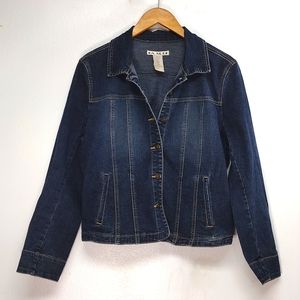 A.M.I. Size L Stretch Denim Fitted Jacket Dark Wash Button Up